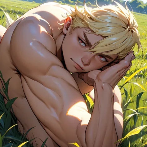 [katsuki bakugo, male, tone, mature: 1.5] [blonde hair, short spikey hair, red eyes] [nude] [day time] [detail eyes, detail face...