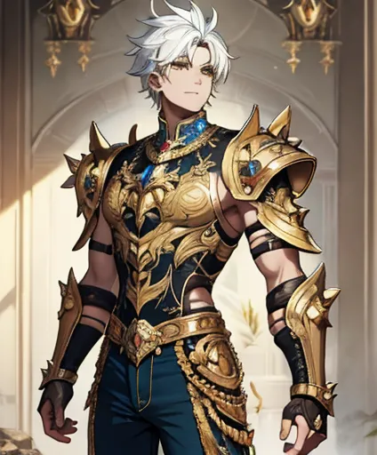 1male, masterpiece, high detail, high res, golden arms, open shirt, sleeveless, gold face markings, yellow eyes, perfect face, earth magic, rocks, metal, pants, spikey white hair, armor, 