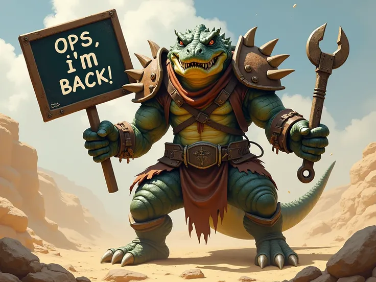  Renekton holding a wrench and holding a blackboard that says "ops , Im back "