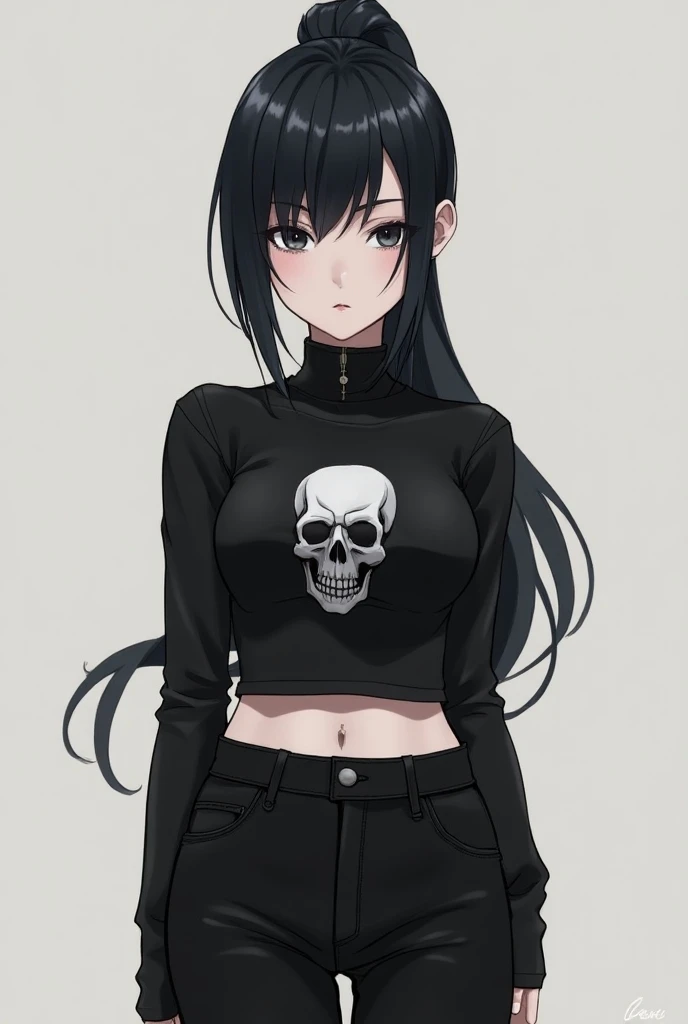 Chica anime, pale white skin color ,  black skull top,  black pants , With hair a ponytail 