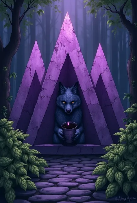 Three purple stone triangles with a wolf holding a cup of black draft wolf on the inside of the triangles with the inscription Triad in black a little more mystical with green hop flowers in the surrounding area 