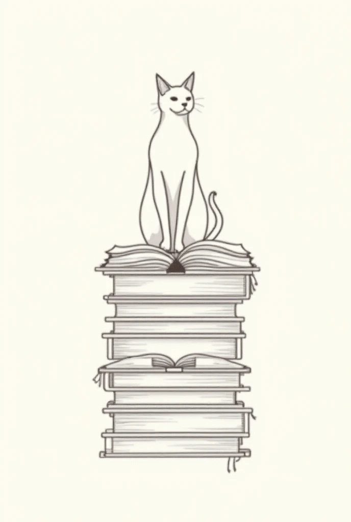  Generate a linear tattoo of a single cat on 8 books, 4 open books and 4 closed books  