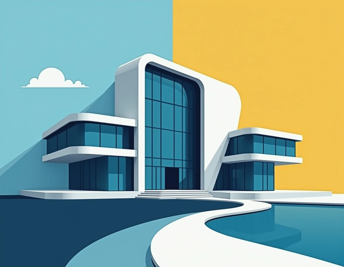 Generate a vector simplify flat image with stylized, simplified forms for a futuristic, modern, minimalist university in full building, built from glass, metal, and concrete with sleek lines and rounded shapes.  Utilizing a vibrant blue and gold color pale...