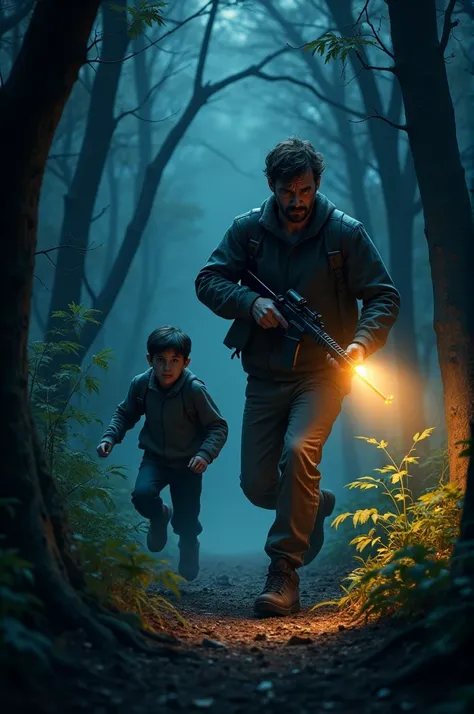 A father and son sprinting through a dense, dark forest at night, their faces filled with terror and urgency. The father, gripping his rifle tightly, leads, while the son runs behind, holding a flashlight that barely lights their way