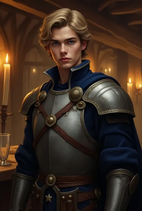 Create magic the gathering style a young man with wavy golden hair with a smooth face with blue eyes wearing a gray hauberk with ornaments inside a medieval tavern 