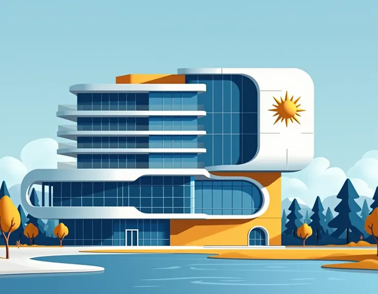 Generate a vector simplify flat image with stylized, simplified forms for a futuristic, modern, minimalist university in full building, built from glass, metal, and concrete with sleek lines and rounded shapes.  Utilizing a vibrant blue and gold color pale...