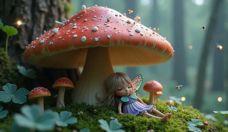 A small, whimsical fairy rests beneath the cap of a large, red-capped mushroom, speckled with white dots, in a quiet forest clearing. She has wings like stained glass, glowing softly in hues of lavender and teal. Her tiny dress is made of soft moss and del...