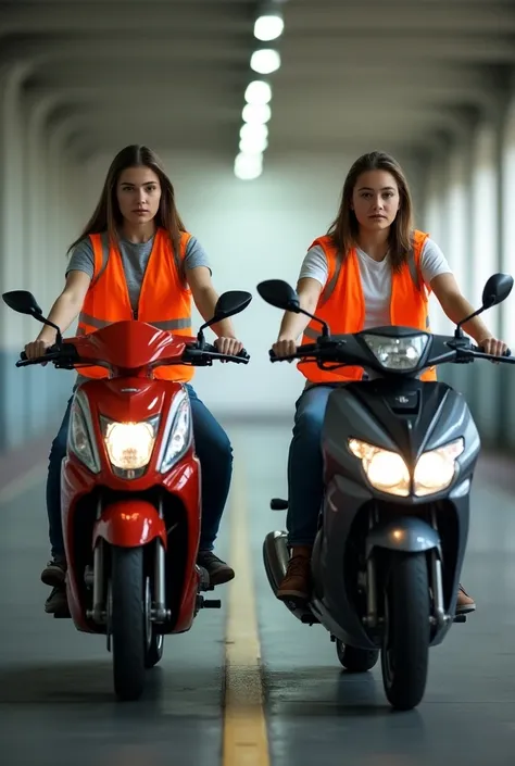 Girl driving motorcycle and girl driving car in school for driving with orange vests
