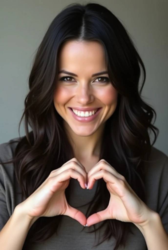 Neve campbell qui fait un coeur avec ses mains