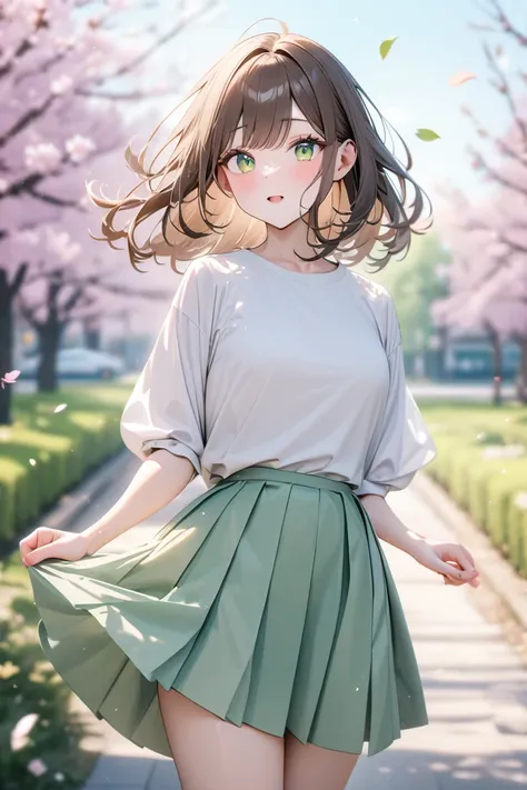 masterpiece, best quality, ultra-detailed, 8k, pastel colors, young beautiful japanese girl with milktea brown hair, green hazel eyes, white t-shirt with a skirt, blurry background, spring season with falling leaves