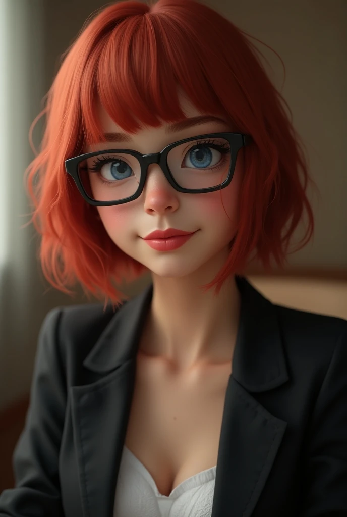 Female 18 years old, mulatto, sexy, cute attractive face, plump red lips, square black glasses, bright blue big eyes eyes, red hair, bob hairstyle with bangs, unbuttoned black jacket, big breasts, bulging breasts, skinny flat stomach, skinny, skinny stomac...