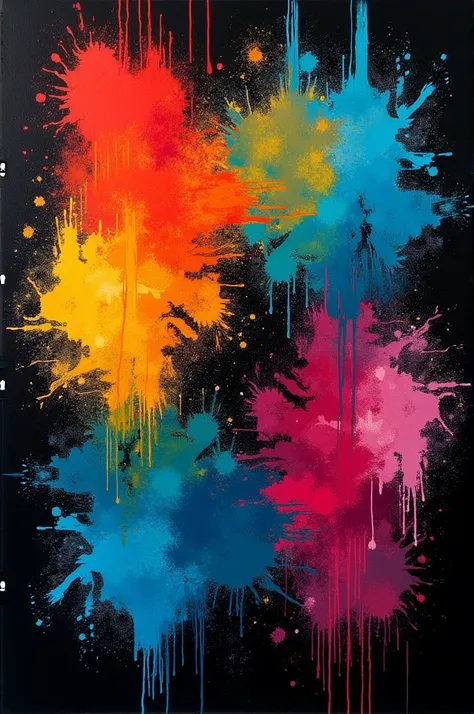 Image of different colours of painting effect splashed in defined quadrants which are as symmetrically placed on a black background with little background seen for all over tshirt print
