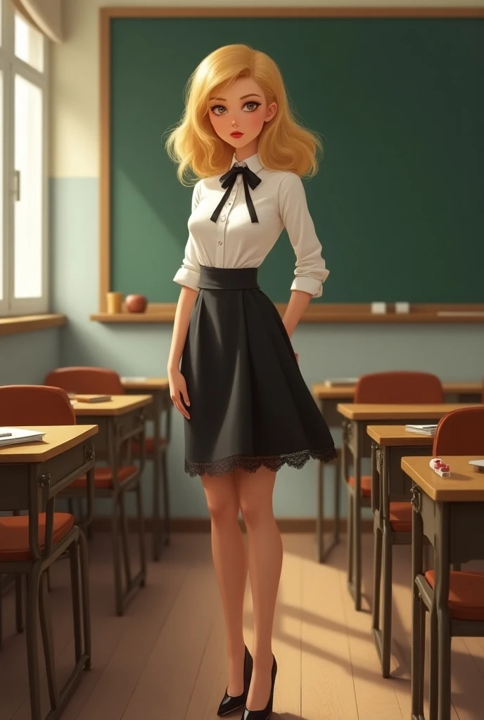  blonde , skinny , school teacher ,  office wear  , small  , lifted skirt ,  Alberto Vargas Art Style Wide Lace Tie Stockings , in the school classroom