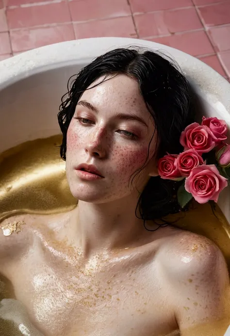 A thin woman with a sculptural body with her in a golden bathtub the atmosphere is melancholic, The water is shining and smoke appears in the background . (angle from top to bottom) She has white skin full of freckles ,  she has long black hair that is wet...