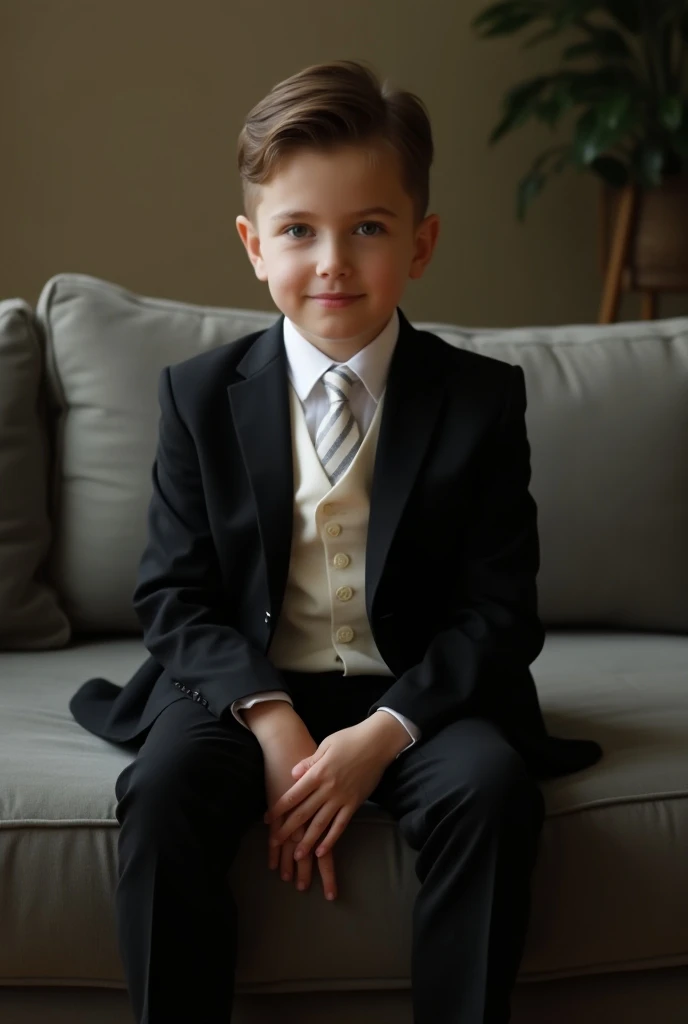 Photograph of a seven-year-old boy,                              Sitting and wearing very elegant black patent leather shoes     , Get up off the couch,   , brown eyes and white skin. The boy was wearing a black suit and a white vest  .    ....         ,  ...