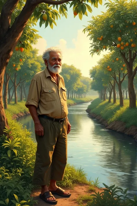 A mango tree farm near a river in 90s 
A old men loking mango