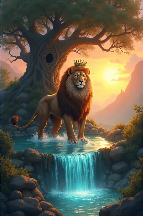  The background is a sunrise and that there is a tree that has a hole that a spring comes out of that tree , And that in the middle of the water comes a lion with a crown on its forehead  