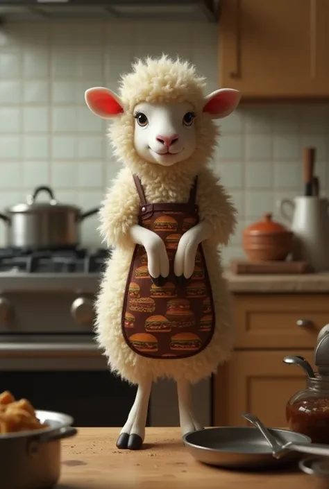 one sheep cooking with hamburguer apron