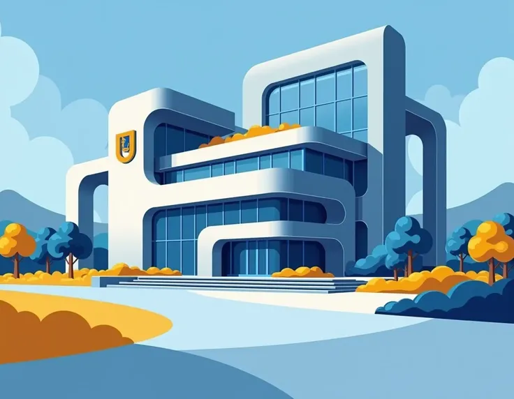 Generate a vector simplify flat image with stylized, simplified forms for a futuristic, modern, minimalist university in full building, built from glass, metal, and concrete with sleek lines and rounded shapes.  Utilizing a vibrant blue and gold color pale...