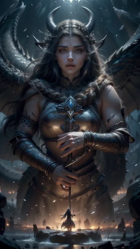 ((best quality)), ((masterpiece)), (detailed),the beautiful of heaven aishwarya ,perfect face detail,full body curvy, a woman with a sword and a dragon on his shoulder, norse god, epic fantasy artwork, epic fantasy illustration, viking god, beautiful femal...