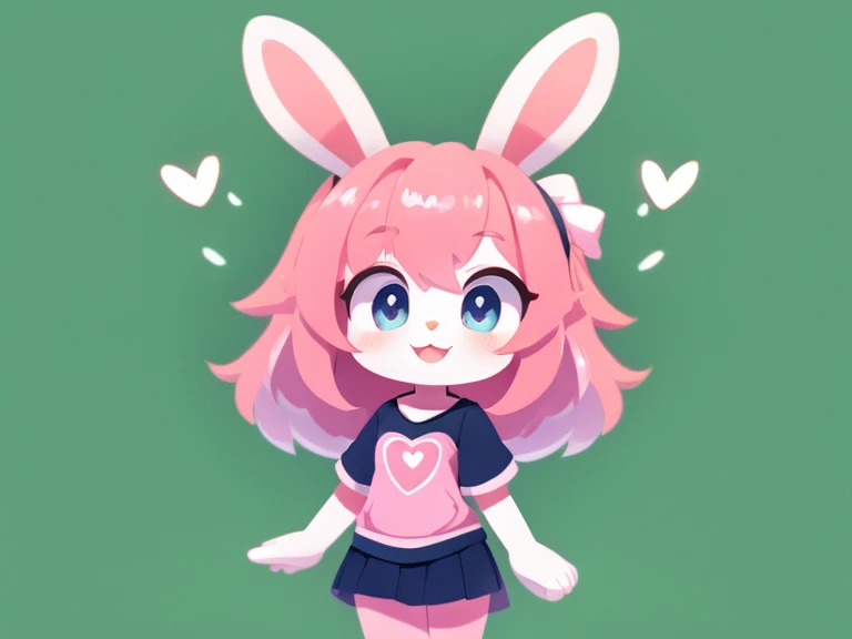 A cute pink rabbit girl with shiny hair, eyes, heart, detailed body, plain clothes, cute background, high quality, a masterpiece 