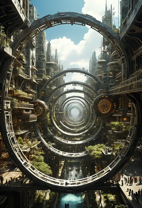 （Very unified CG scene design），（A ring-shaped future city suspended in the universe），（Neatly arranged future technology houses in the ring）complex structure，Complex gears，clear texture，complex patterns，glyphic，Titanium alloy，Sophisticated construction，Ultr...