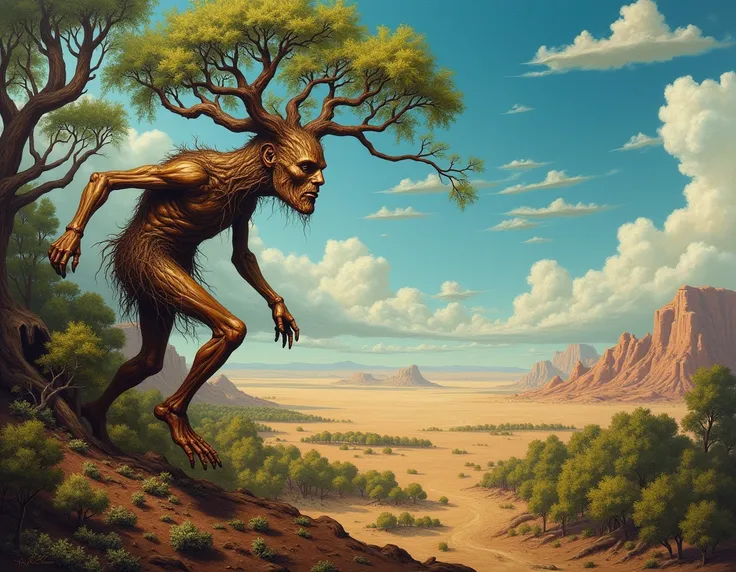  surrealist painting style, a tree with legs and arms moving from the forest toward the desert, Day of heavy and horizontal clouds 