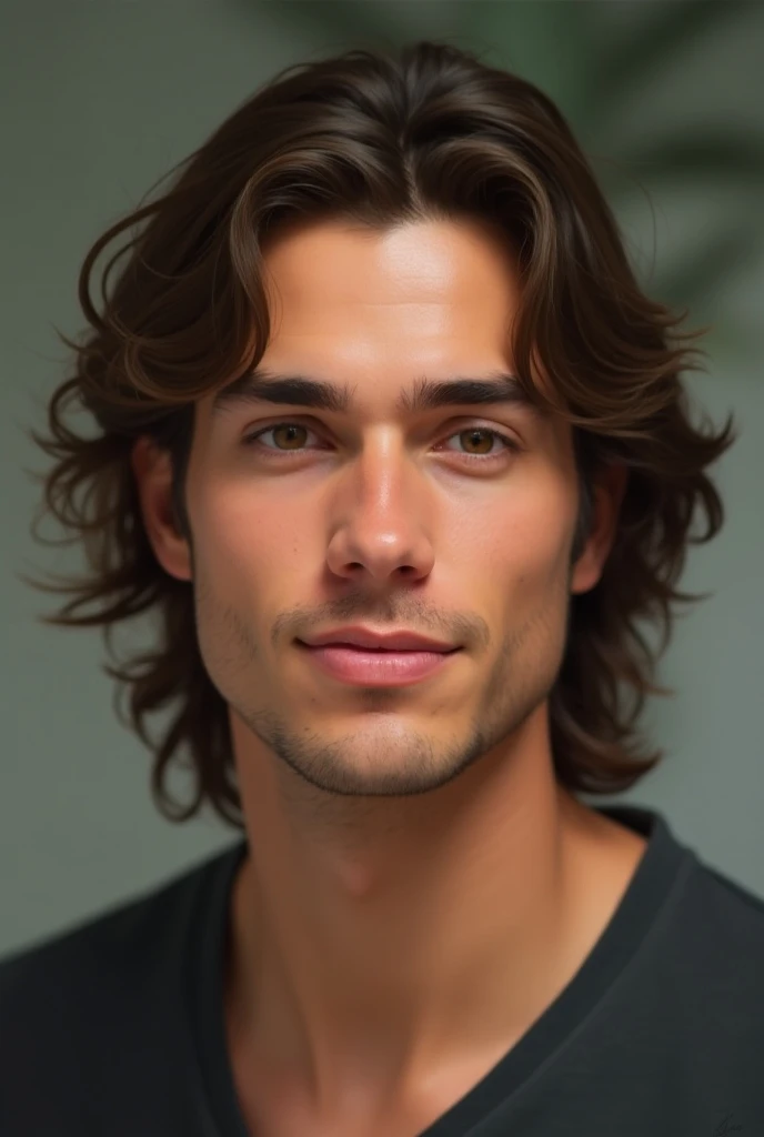 Un portrait réaliste d’un homme âgé de 25 ans, avec des cheveux bruns longs, arrivant légèrement en dessous des épaules, et légèrement ondulés. Il a une peau légèrement bronzée, des yeux marron clair expressifs et un sourire subtil. Son visage est bien déf...