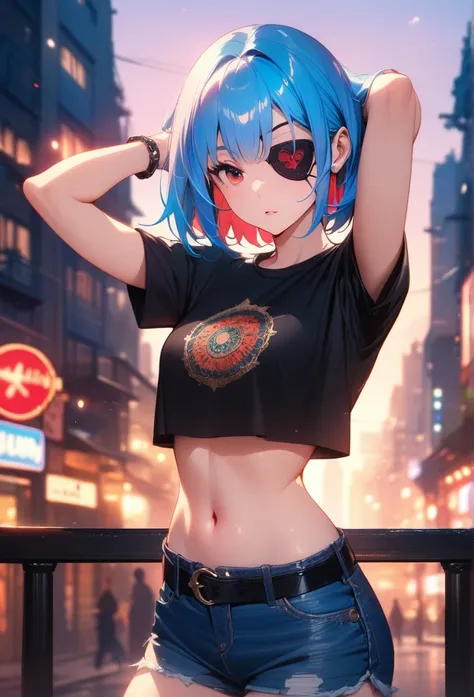 (masterpiece:1.2), (best quality:1.2), (digital illustration:1.2), intricate details, (1girl:1.3), (long blue hair:1.3), (((red eye))), ((black eye patch left eye)), (cropped t-shirt black:1.2), (casual confident style), (light blue denim shorts:1.1), (bla...