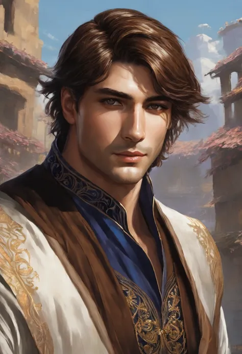 painting,very handsome,without expression,short hair.A male fantasy character with brown hair.