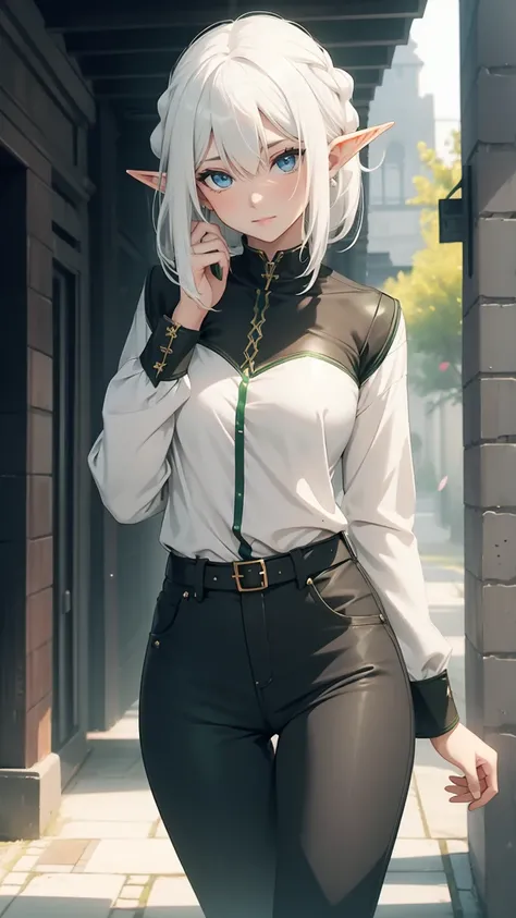 
1girl, solo, lady elf, ((white hair)), ((green eyes)), pants, long sleeves, pointed ears. ((black clothes)), forehead, t-shirt, jeans
