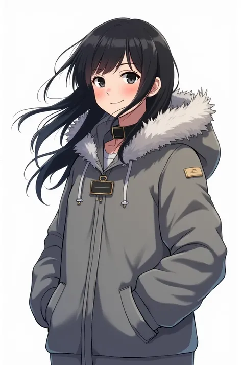 A smilling 18 year old eskimo Inuit anime girl against a white background 

She is wearing a gray hoodied eskimo jacked, a black dog collar, her hair reaches her shoulders her eyes are black and has tanned skin. The place is windy and her hair and bang are...