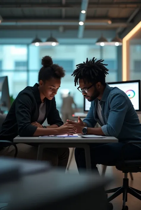 IT young black tech company on operations sitting side by side looking at footballs