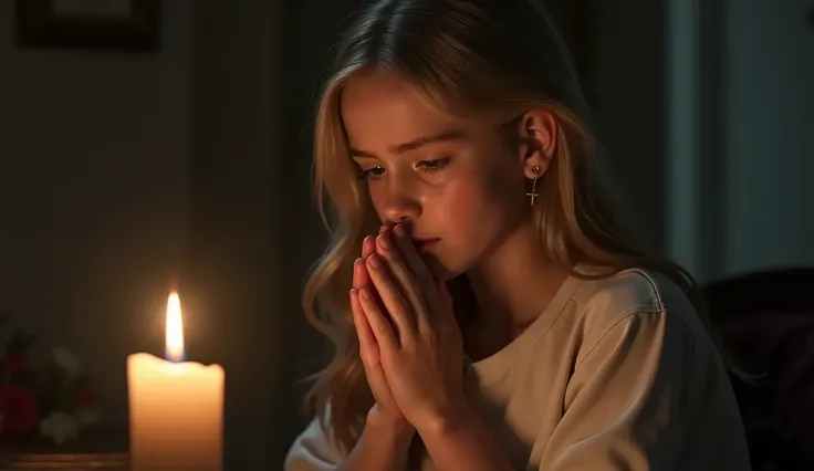 A beautiful blonde girl 13yo, in left side, wearing cross earrings,feeling sad while praying and elegantly wrapping around her hands in a prayer position, hands raised in worship, tears glistening on her cheeks sitting in There is a candle in front of him,...