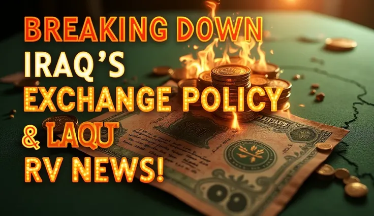 Design a captivating YouTube thumbnail with the bold text Breaking Down Iraqs IQD Exchange Policy & Latest RV News Today! prominently displayed. The background should feature elements of Iraqi dinar currency, with the map of Iraq subtly integrated in the d...