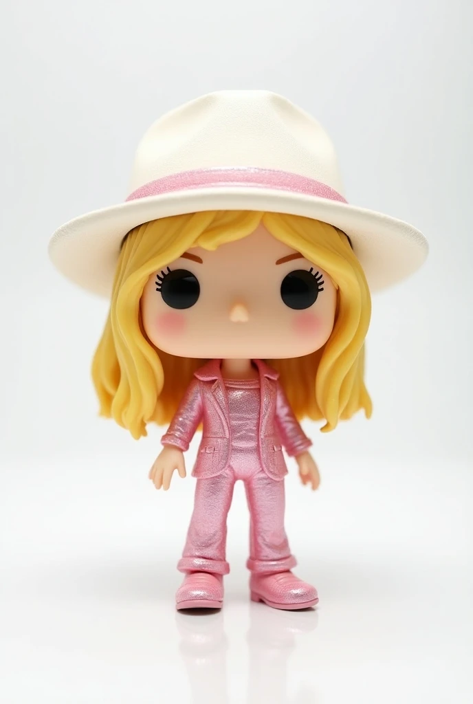 Funko pop in white box pop ,   blonde with a light pink glitter outfit with white denim hat,  white background with medium length golden blonde hair 