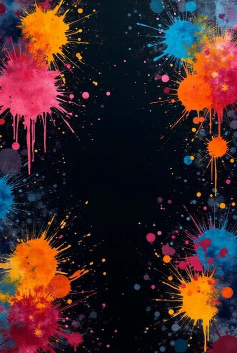 Image of different colours of painting effects splashed on a black background with  symmetrical patches of background seen for an all over tshirt print
