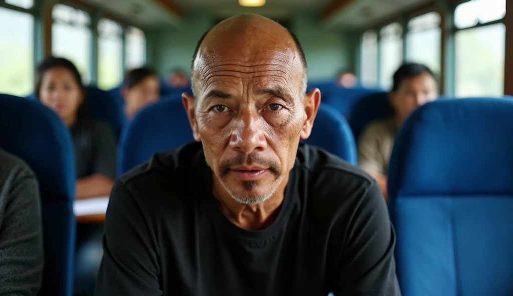 Real human photo Piih is 50 years old man, bald hair, expressive daek eyes, wearing plain black t-shirt. He is sitting on blue train chair. Background is people sitting on chair. Real human photo facing forward.