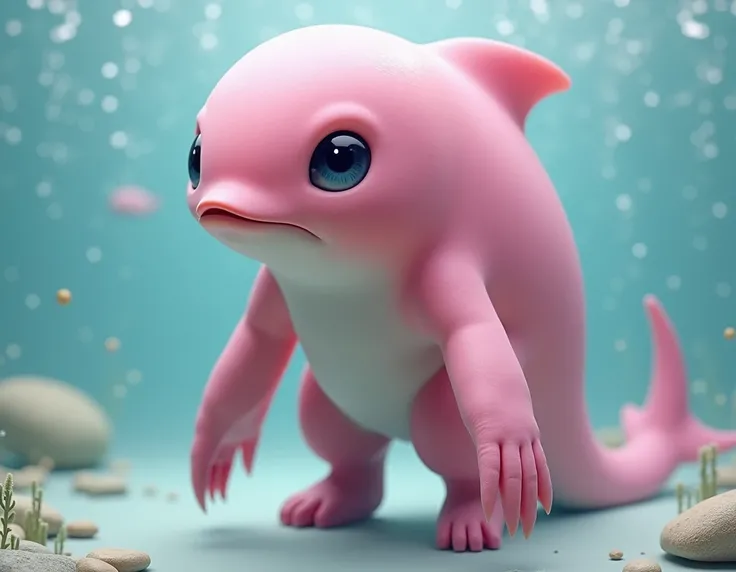  creates for me an image according to this description :   The Botuman is a hybrid creature with a humanoid appearance and smooth, pink skin like that of a pink dolphin. He has large, expressive eyes,  a small nose ,  and a mouth that resembles a snout .  ...