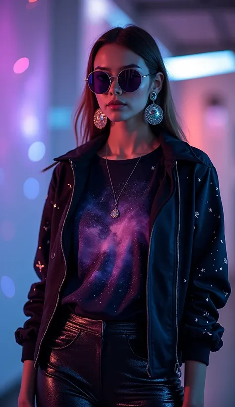 A high-quality fashion photoshoot featuring a model wearing clothing from a cosmic-inspired collection. The model is dressed in a dark, starry jacket with constellation patterns that shimmer in the light, paired with a pair of leggings that have subtle gal...