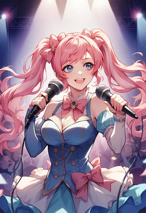 1girl,gal,looking away,(microphone, hold microphone, sing with microphone),(golden,pink hair,two-tone hair),long hair,twintails,Pink bow,Idol Girl,smile,on the stage,detailed background, idol concert, 
Modified into a cute cyborg, (blue led eyes:1.3), (whi...