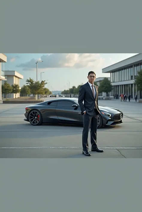 Other parts of the picture remain the same ， Replace the sports car behind the character with a black 9-seater Mercedes-Benz commercial vehicle