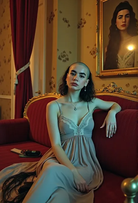 (She is looking at the viewer lovingly). the scene is a surreal, luxurious image of a (completely bald woman).  ((Her head is completely "hairless", smooth bald), she is sitting elegantly on a lavish, baroque-style couch with ornate golden carvings. She is...