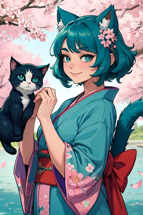 Perfect face. Perfect hands. A teal haired woman with teal eyes and teal cat ears and a teal cat tail in a pretty kimono is smiling in a flurry of cherry blossoms