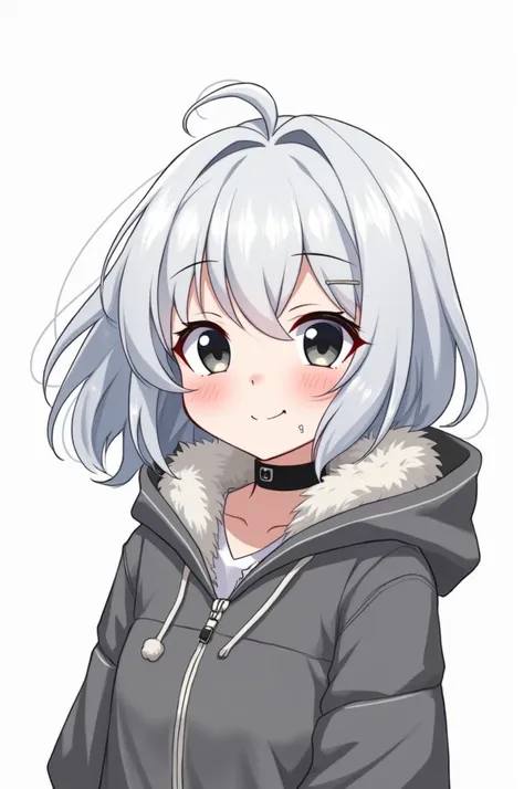 A smilling 18 year old eskimo Inuit anime girl against a white background 

She is wearing a gray hoodied eskimo jacked, a black dog collar, her hair is white and medium length, her eyes are black and has white skin. She has a piercing in the left side of ...