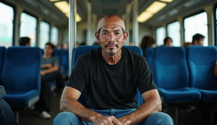 Real human photo Piih is 50 years old man, bald hair, expressive daek eyes, wearing plain black t-shirt, blue cargo pant, . He is sitting on blue train chair. Background is people sitting on chair. Real human photo facing forward full body shot.