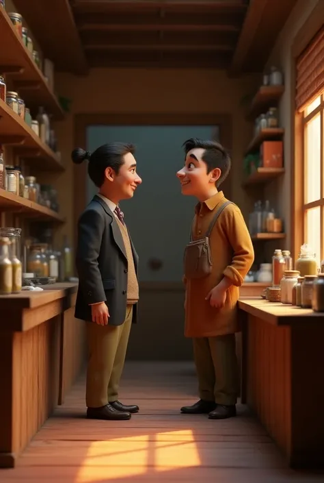 Pathan Enters the Shop and Greets the Shopkeeper "Render a 3D Pixar-style, realistic image of the Pathan character walking into a small, cozy shop, greeting the shopkeeper with a warm smile. The shopkeeper, a middle-aged man with a welcoming expression, st...