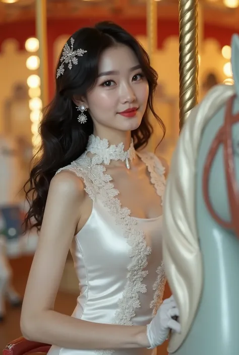 (photorealism:1.3), ((highest quality)), 16k, large carousel as background, one extreme beautiful young Korean woman, with exquisite facial appearance and features, black long curly hair, red lips, light makeup, exquisite crystal earrings, silver hairpin o...