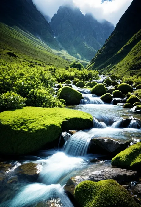 waterfall-like water flows in the mountains