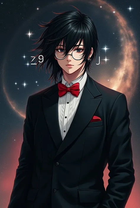 Draw a young man with long hair in a messy hairstyle, black hair dyed a little white in front, put on round glasses, put on a black suit, tie a red bow, the background is cosmic, with the letters SzG